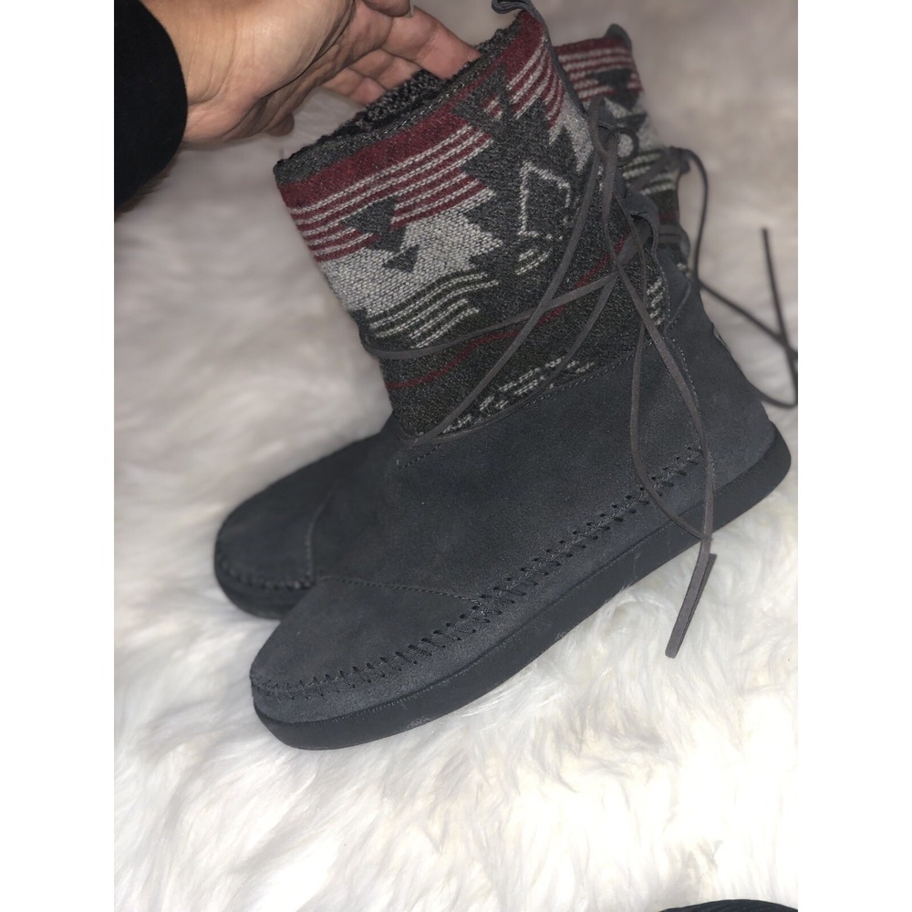 TOMS Nepal Suede/Textile Moc Stitch Mid Hi Boot Women’s 6.5 Grey/Red Aztec